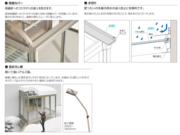 雨樋カバー、水切り、雪おろし棒について