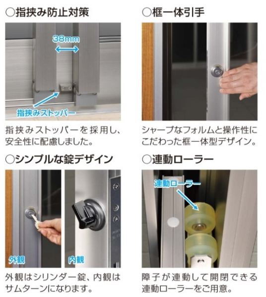 指挟み防止対策、框一体引手、錠デザイン、連動ローラーについて