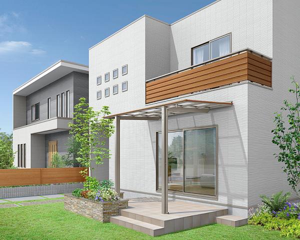 木製調独立式フーゴFテラス(リクシル)は、躯体にネジ止めすることなく、独立して建てられるテラスタイプの屋根です。