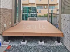 人工木ウッドデッキ YKKリウッド 雨除け屋根 三協レボリューA1階
