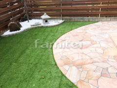 お庭 床石貼り 人工芝 防草シート加工