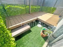 人工木材ウッドデッキ 洗濯干し屋根